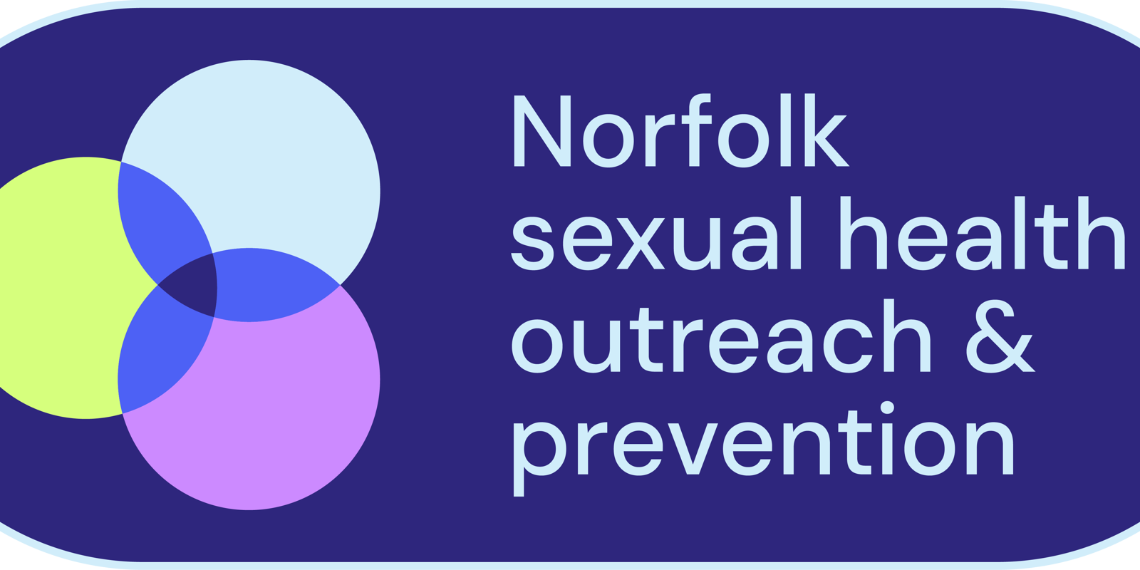 The logo for Norfolk Sexual Health Outreach and Prevention service. A blue dot, a purple dot and a green dot overlap on a purple background with the name of the service next to the shapes.