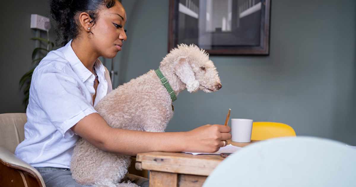 Teenage girl sitting at kitchen table with a dog on her lap