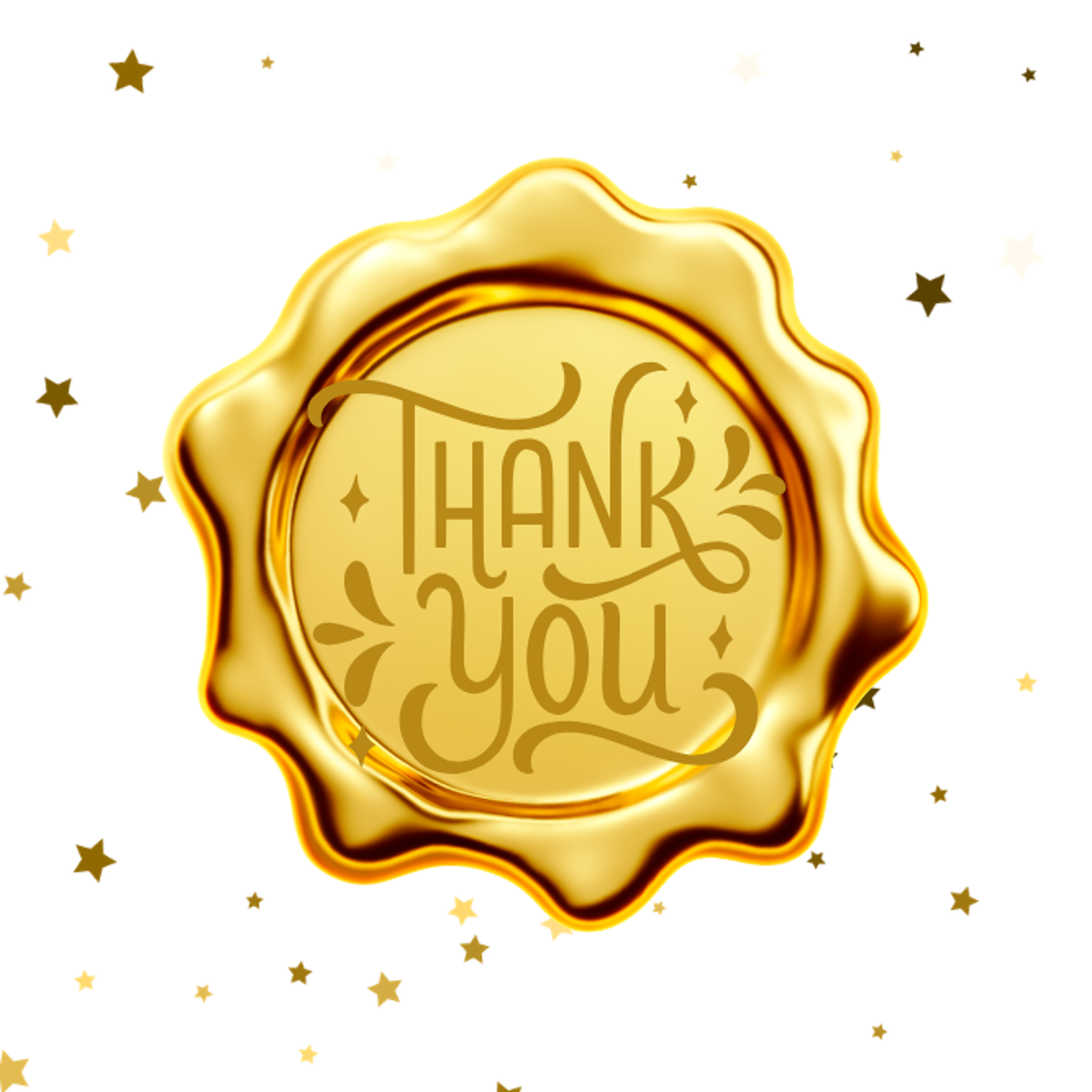 Golden stamp with thank you inside. Small golden stars surround the golden stamp.