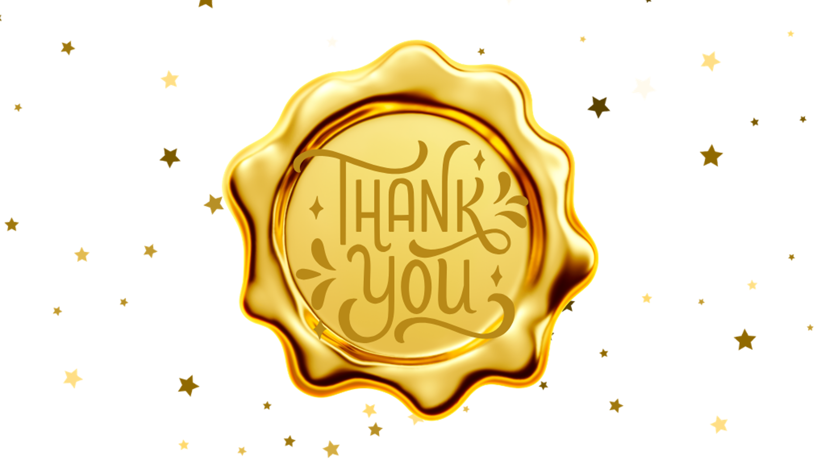 Golden stamp with thank you inside. Small golden stars surround the golden stamp.